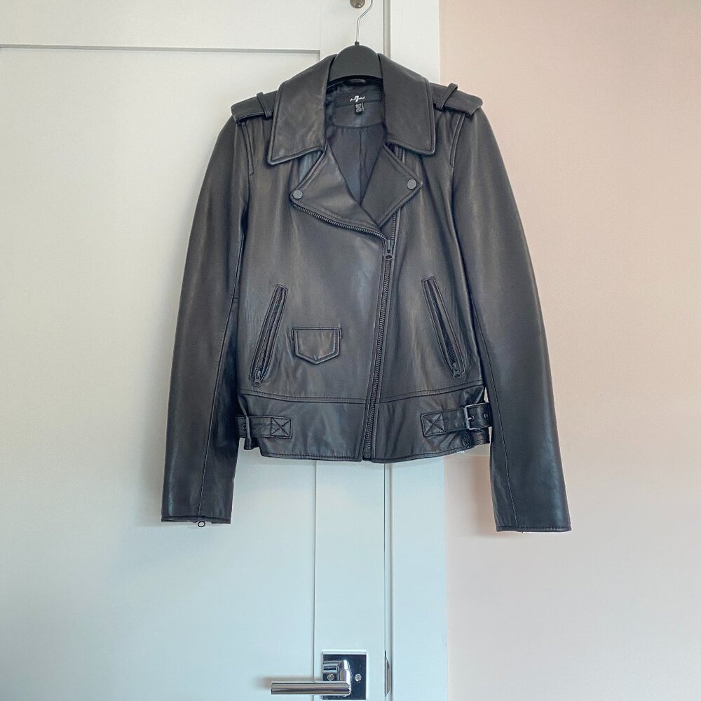 7 For All Mankind Black Leather Biker Jacket Size M